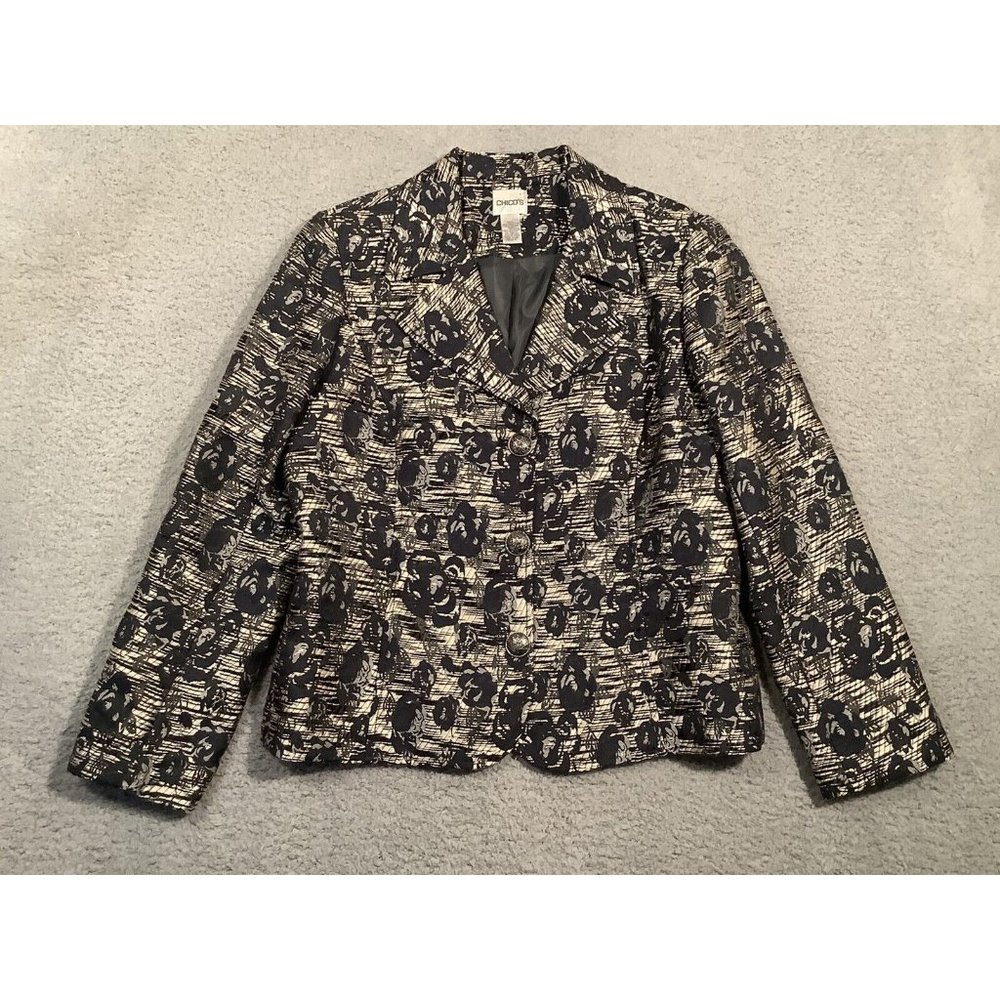 Chicos Womens  Blazer Jacket Regular Fit Blue Gray Tapestry Buttons Size 1 (8) M